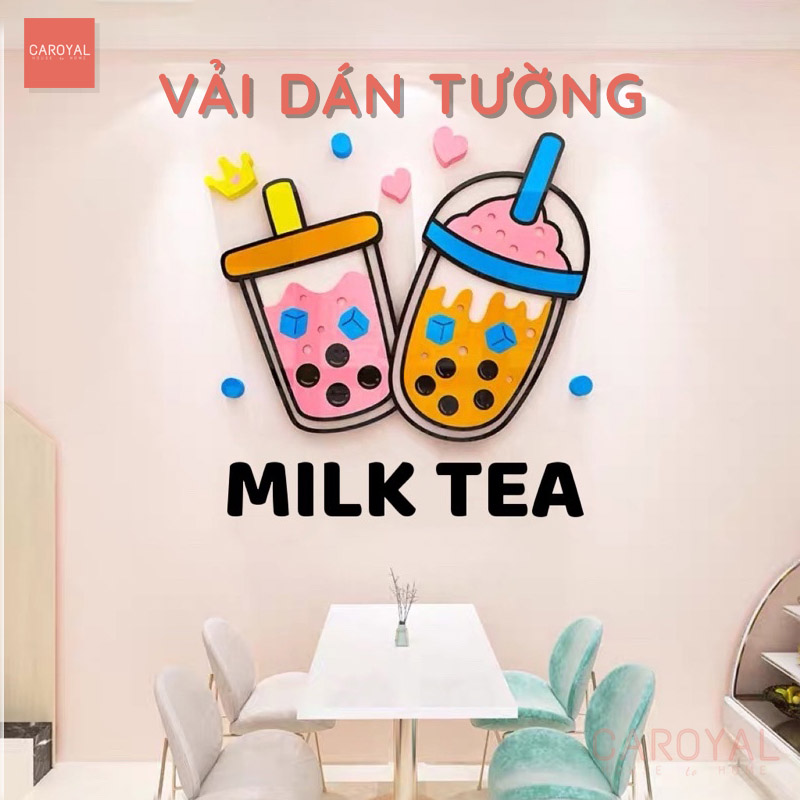 Vải dán tường quán trà sữa milk tea