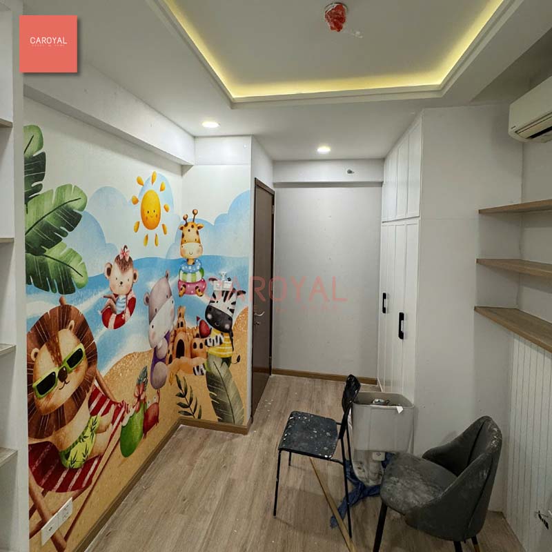 Thi cong dan vai dan tuong in UV tai chung cu Ruby Tan Phu 6