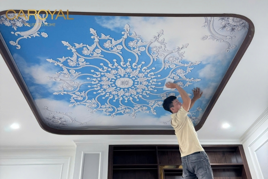 Hình ảnh thực tế thi công vải dán tường của CAROYAL Hình ảnh thực tế thi công vải dán tường của CAROYAL