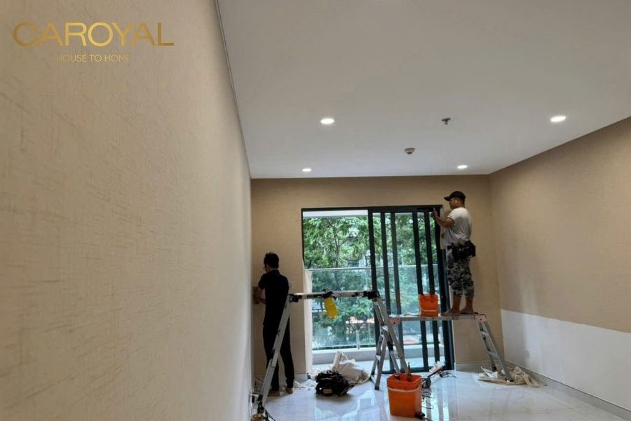 Hình ảnh thực tế thi công vải dán tường của CAROYAL Hình ảnh thực tế thi công vải dán tường của CAROYAL