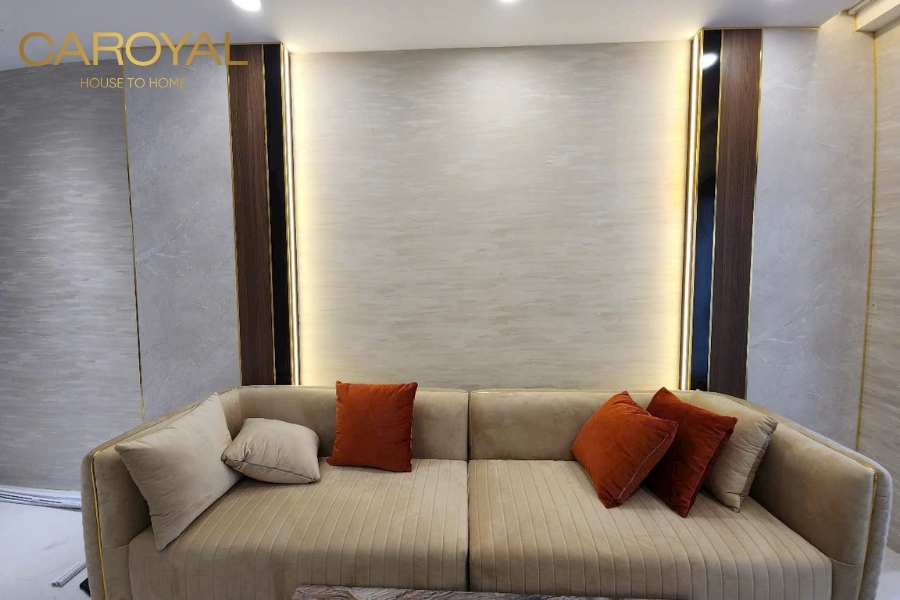 Tư vấn mẫu vải dán tường phòng khách đẹp theo thiết kế & phong thủy Hình ảnh thực tế thi công vải dán tường của CAROYAL