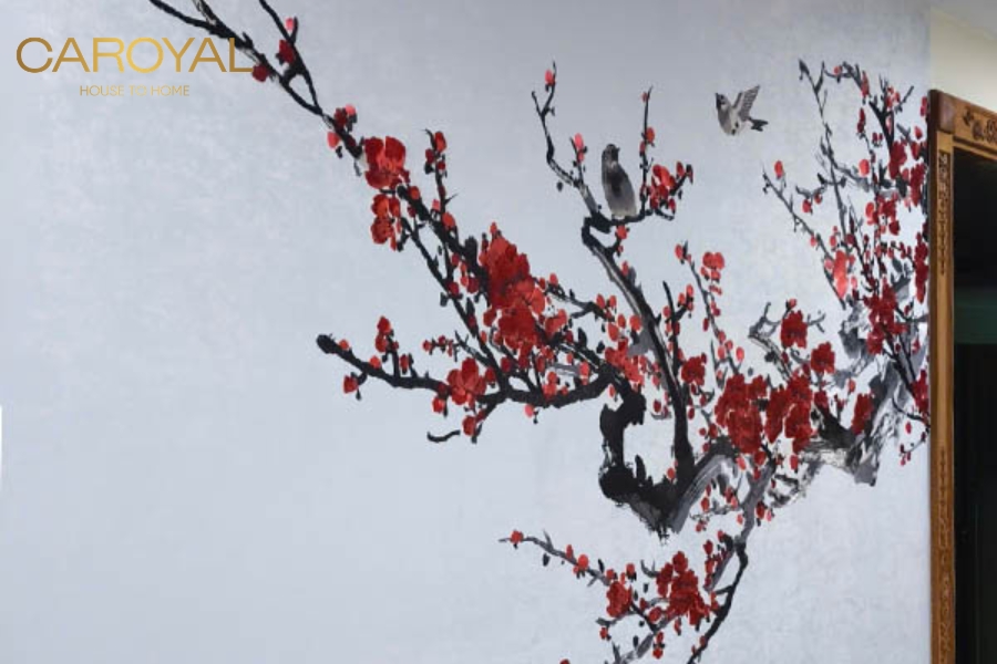 Tranh dán tường cầu thang hoa anh đào