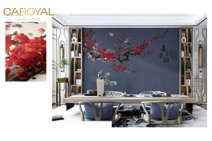 Tranh dán tường phòng khách Đào Hoa Nghinh Xuân