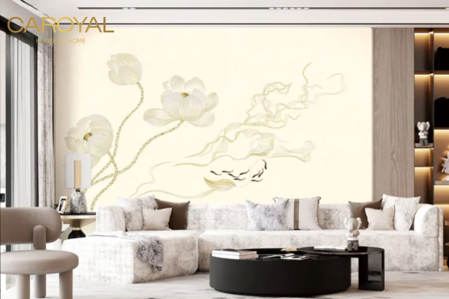 Tranh dán tường phòng khách Xuất Thuỷ Phù Dung