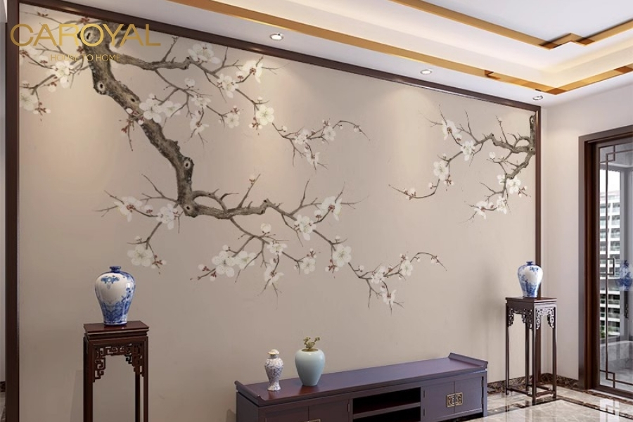 Tranh dán tường phòng khách hoa mai trang nhã