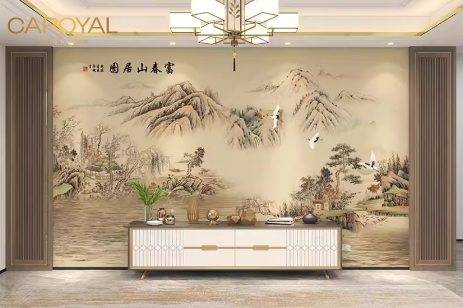 Tranh dán tường phòng khách phong cách trung hoa