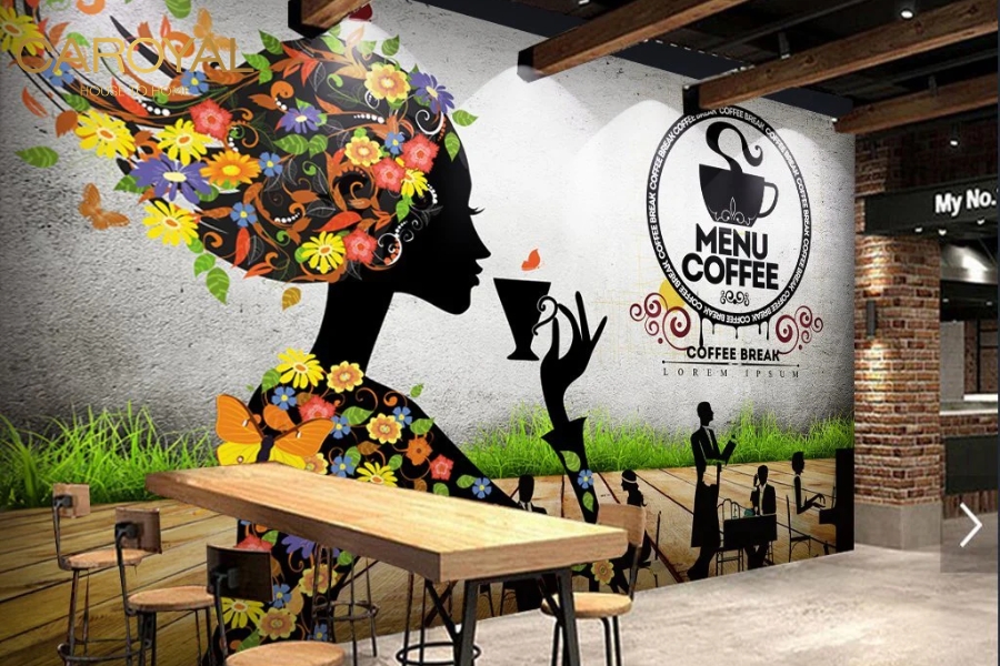 Tranh dán tường 3D quán cafe